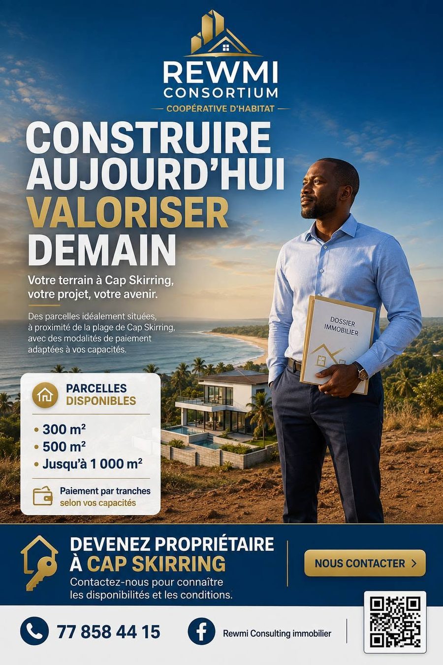 Affiche REWMI Consortium : Construire aujourd'hui, valoriser demain. Parcelles de 300 m², 500 m² et jusqu'à 1 000 m² à Cap Skirring.